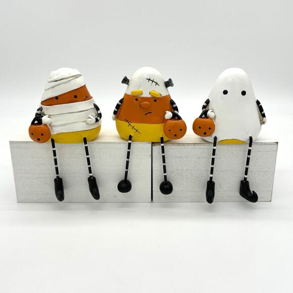 3 Janell Berryman Candy Corn Shelf Sitter Halloween Ghost Mummy Frankenstein New - Picture 1 of 7